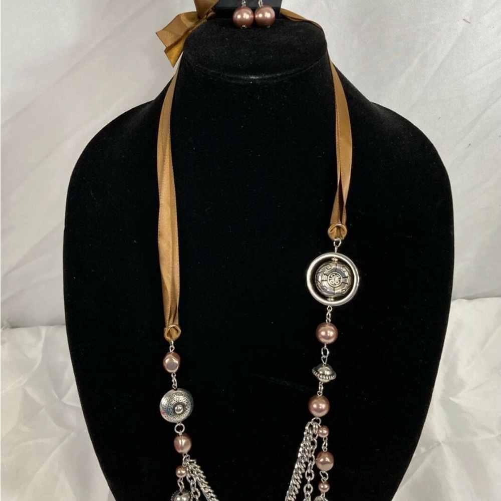 Paparazzi Multi-Chain Beaded Necklace in Ribbon and Silver with Earrings
